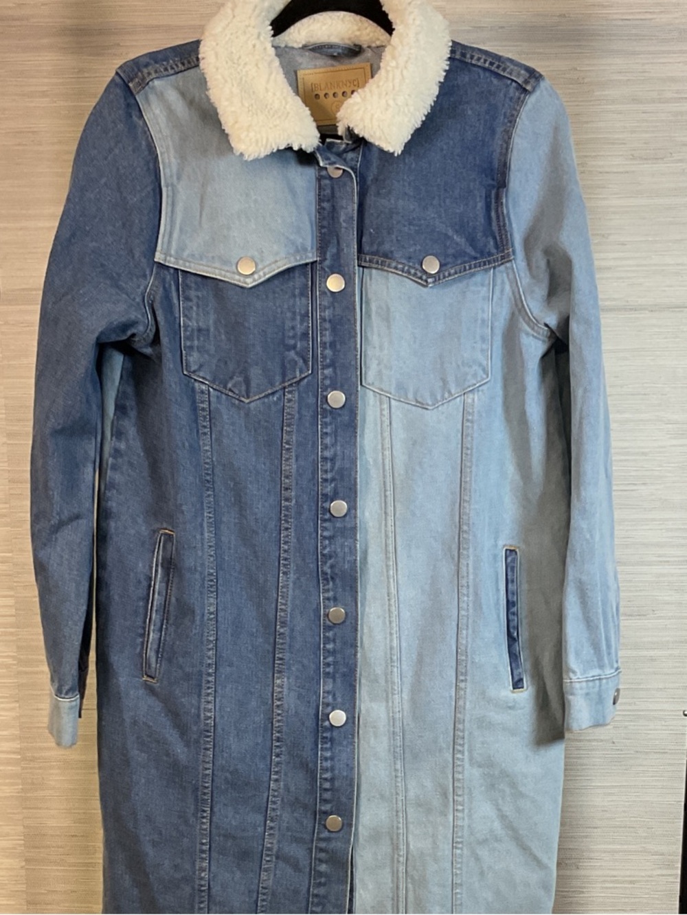 BLANKNYC Two Toned Denim Button Up Long Jean Jacket with Sherpa Collar Small
